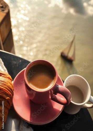 beach, coffee, cappuccino, sea, ocean, horizon, relaxing, vacation, travel, peaceful, tropical, 