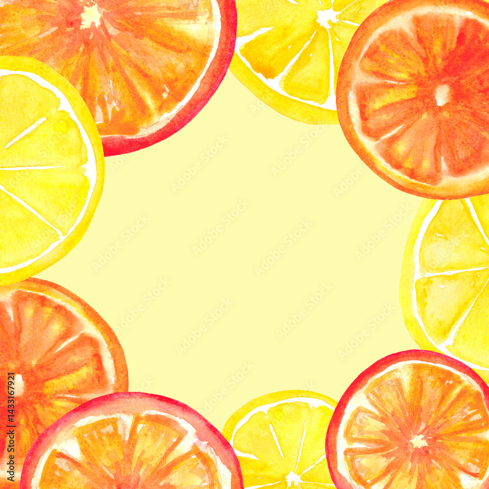 Square frame background with citrus fruits. Summer decor.