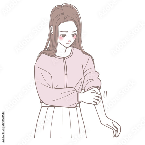 腕を掻いている女性のイラスト