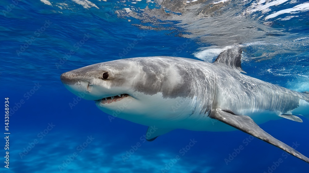 Naklejka premium Great white shark in clear ocean water