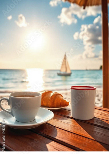 beach, coffee, cappuccino, sea, ocean, horizon, relaxing, vacation, travel, peaceful, tropical, 