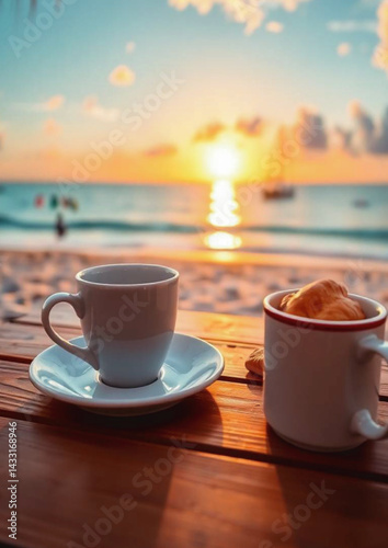 beach, coffee, cappuccino, sea, ocean, horizon, relaxing, vacation, travel, peaceful, tropical, 