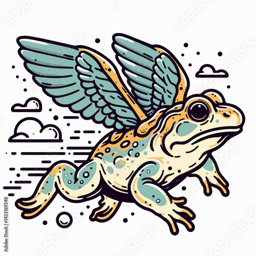 Whimsical Winged Frog Soars: A fanciful illustration of a charming frog with delicate wings, soaring through the air with playful grace and imagination. 
