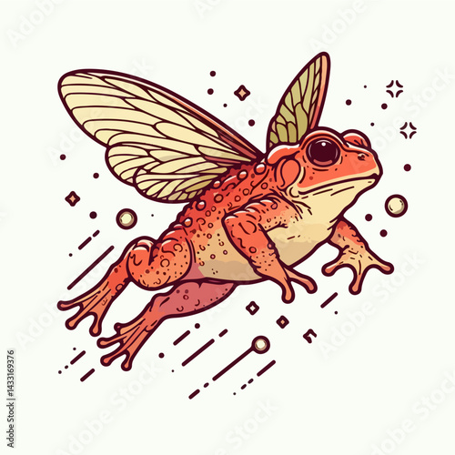 Flying Frog Illustration:  A whimsical illustration of a red frog with wings spread, soaring through the air with a starry background, capturing the joy and wonder of dreams taking flight.