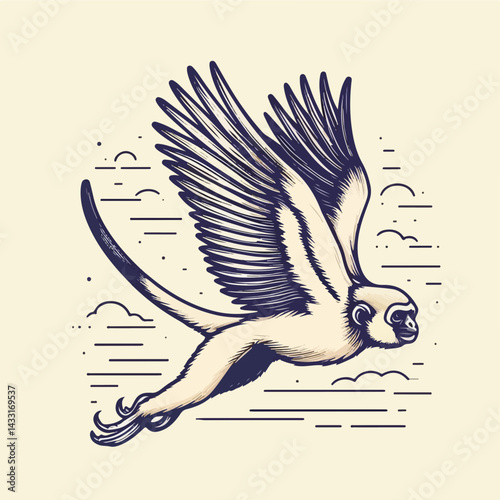 Flying Monkey Illustration:  A  creative illustration depicting a monkey with wings soaring through the clouds, a surreal and imaginative vision of freedom and limitless possibilities.