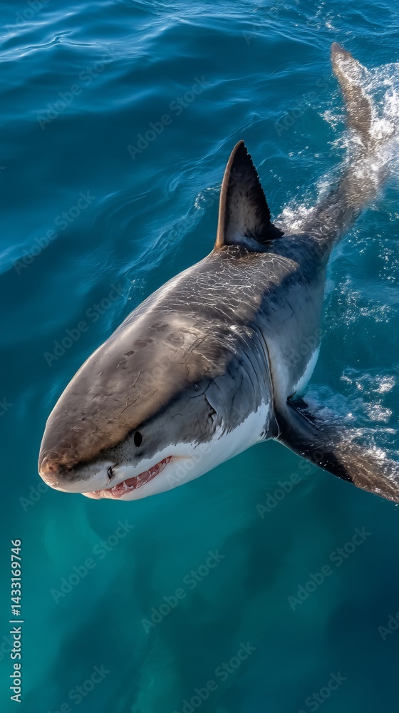 Naklejka premium Great white shark in deep blue ocean (1)