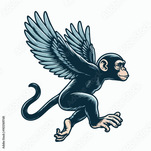 Flying Monkey: A whimsical illustration of a monkey with majestic wings, soaring through the sky. This artwork captures the playful spirit of imagination and adventure.