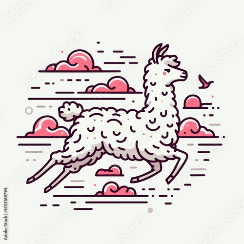 Llama Amidst Clouds: A charming illustration depicts a fluffy llama joyfully leaping through a whimsical sky adorned with playful pink clouds, representing carefree joy and limitless freedom.