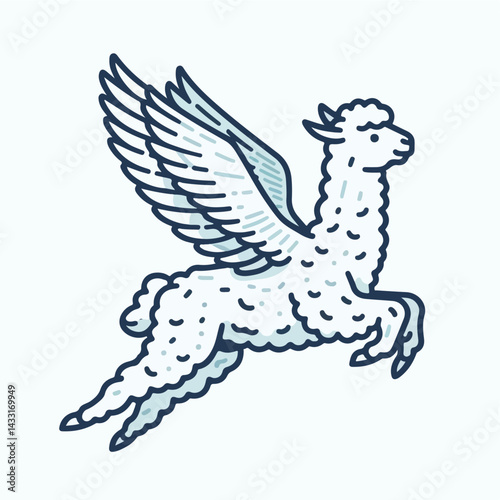 Majestic Alapca: A creative illustration of a whimsical alpaca soaring through the air with magnificent wings. This imaginative artwork blends the charm of the animal with the freedom of flight.