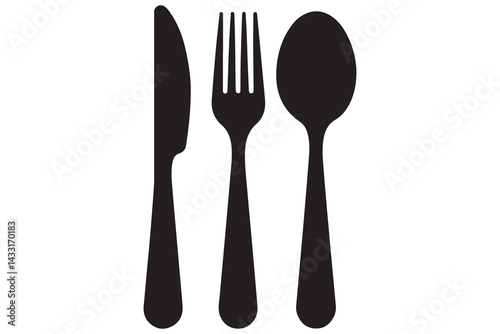 Simple black silhouette of a knife, fork, and spoon
