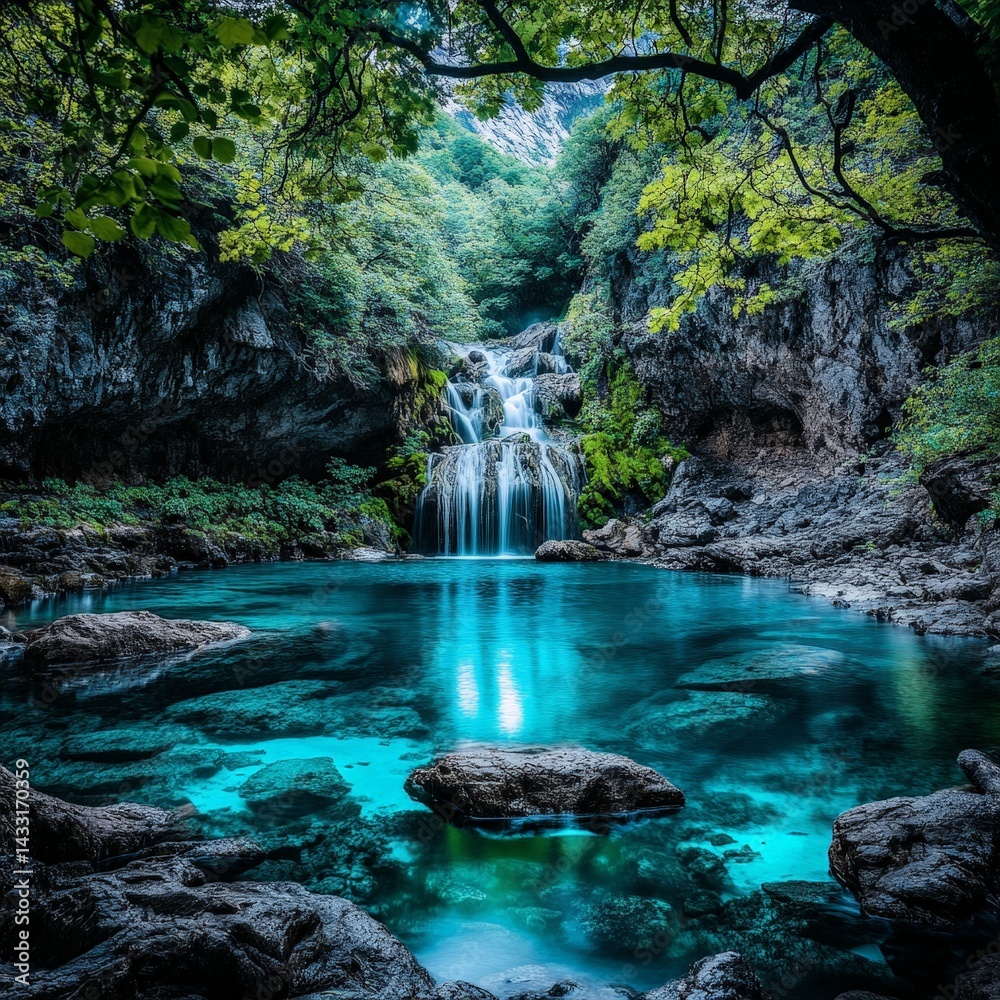 Naklejka premium Serene Jungle Waterfall with Lush Greenery and Turquoise Pool in a Natural Paradise