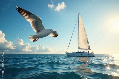 Seagull flying over a sailboat on the horizon, sea bird, sky