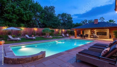 Backyard oasis at twilight. Lush landscaping surrounds pool