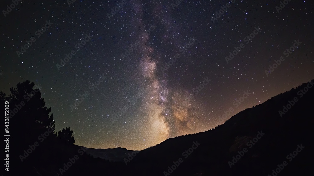 Majestic Milky Way Galaxy over Silhouetted Mountains at Night Majestic Milky Way Galaxy over Silhouetted Mountains at Night