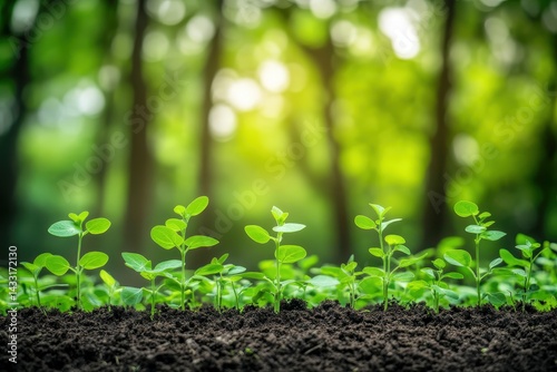 Fresh young sprouts emerge from fertile soil in a sunlit forest. photo
