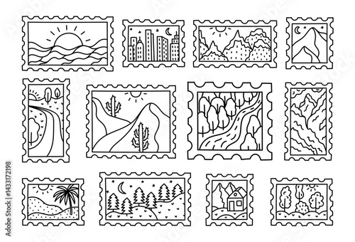 Lovely outline doodle set of retro postage stamp with picturesque scenery of seascape, desert, mountains, highway, cloudscape, skyscraper. Hand drawn mail post card stickers with peaceful picture.