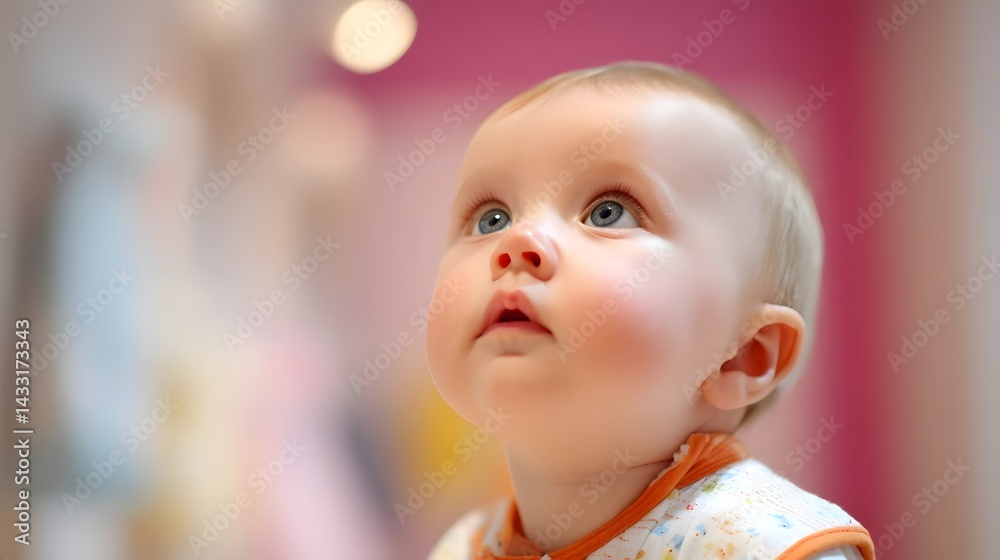 A curious baby gazes upward, filled with wonder; innocence and discovery in a moment of quiet fascination A curious baby gazes upward, filled with wonder; innocence and discovery in a moment of quiet fascination