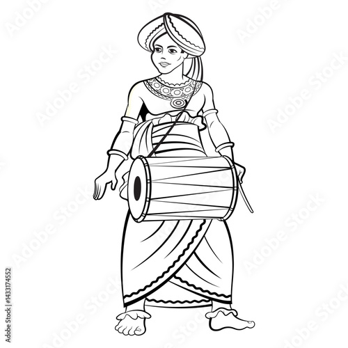 Sri Lankan traditional male drummer in black outline vector art