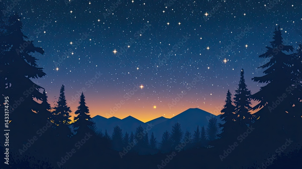 Fototapeta premium Serene Night Sky Over a Mountain Forest Silhouette
