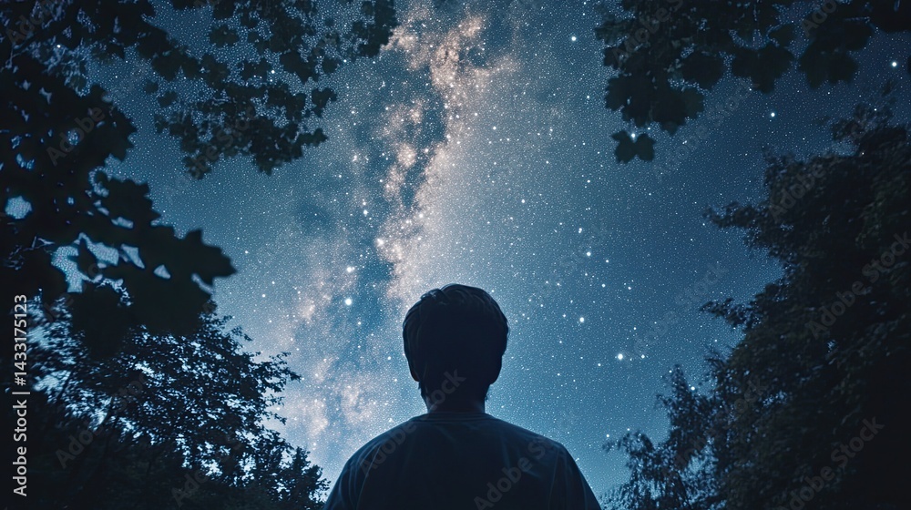 Fototapeta premium Silhouette of a Child Gazing at the Milky Way Under a Dark Night Sky