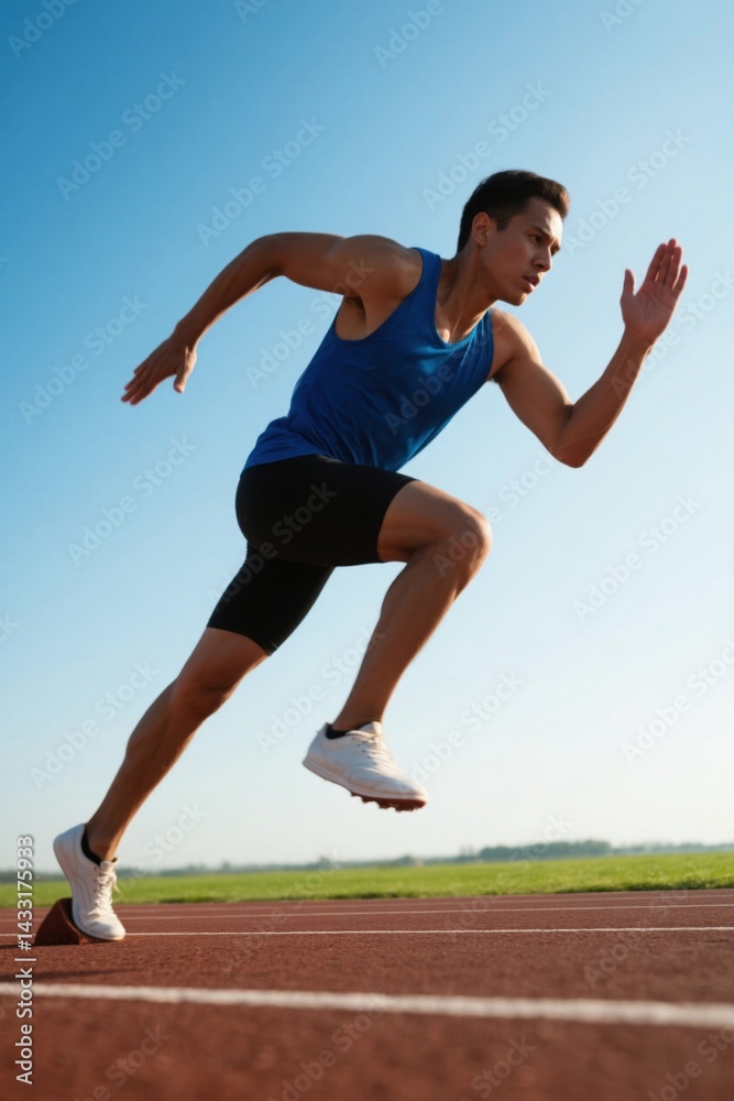 Obraz premium there is a man running on a track with a blue shirt