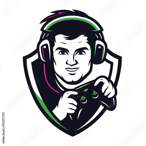 Gamer emblem,  person with headphones and joystick