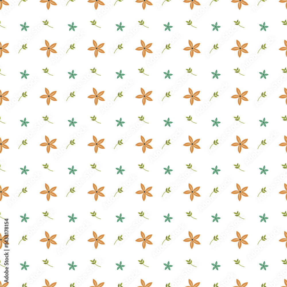 Seamless Pattern with Orange Flowers and Green Leaves on White Background Seamless Pattern with Orange Flowers and Green Leaves on White Background