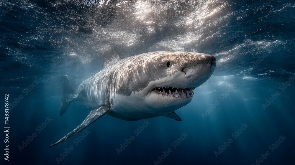 Naklejka premium Great white shark underwater, powerful predatory stance