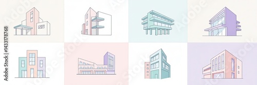 Pastel-hued architectural illustrations of various structures