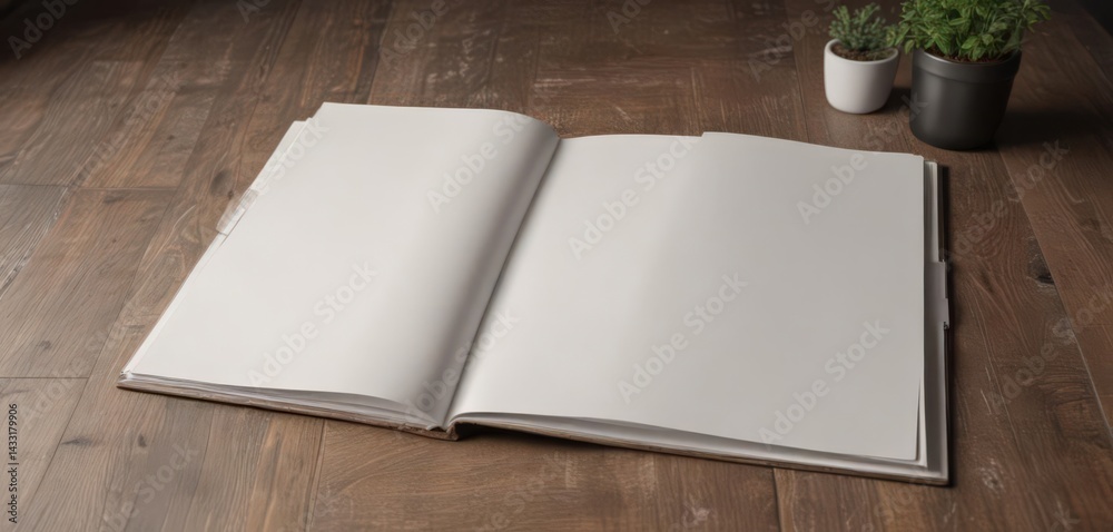 Fototapeta premium Open vertical photo album mockup with pristine blank pages , album, travel