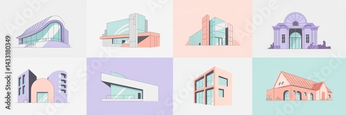 Colorful illustrated modern structures in pastel hues