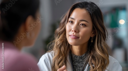 Female Doctor Talking to Patient Explaining Diagnosis in Medical Office