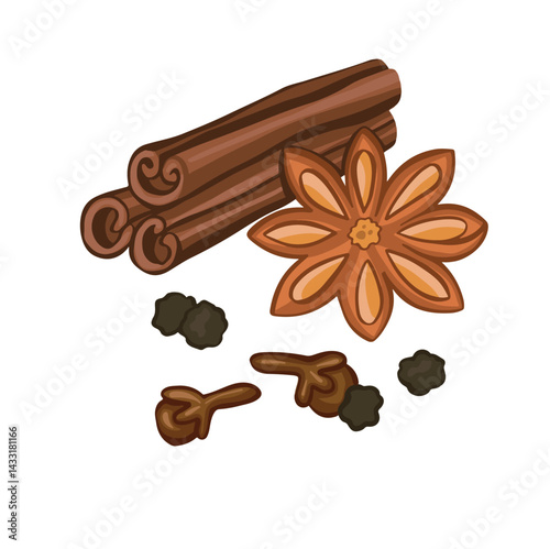 cinnamon set of spices colored, illustration, hand drawn