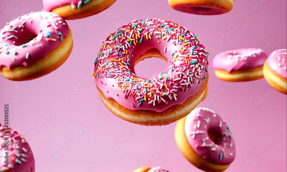 falling sweet tasty donuts on pink background animation