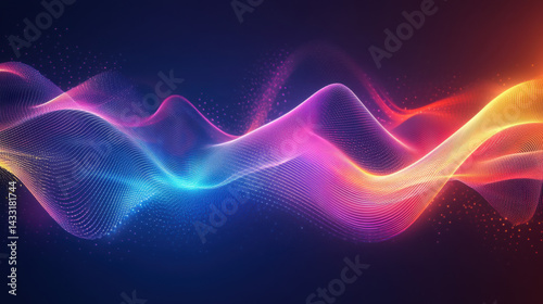 Abstract vibrant wave pattern with colorful flowing lines and glowing particles in a dynamic digital art composition perfect for technology and futuristic themes