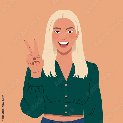 Smiling blonde woman showing peace sign with green blouse and beige background vector illustration 
