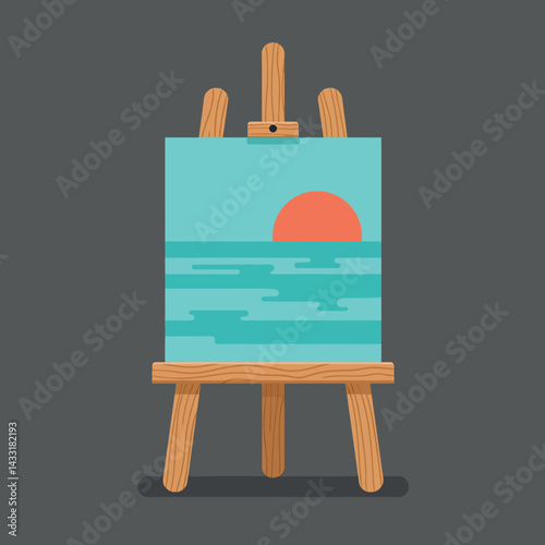 Wooden easel holding turquoise canvas with orange sun and sea waves vector illustration 