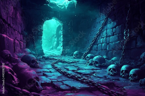Dark dungeon path skulls, icy exit, game background
