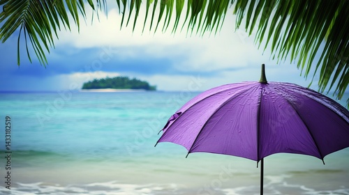 A lovely violet umbrella is seen, with a small tropical island in the far background.
 