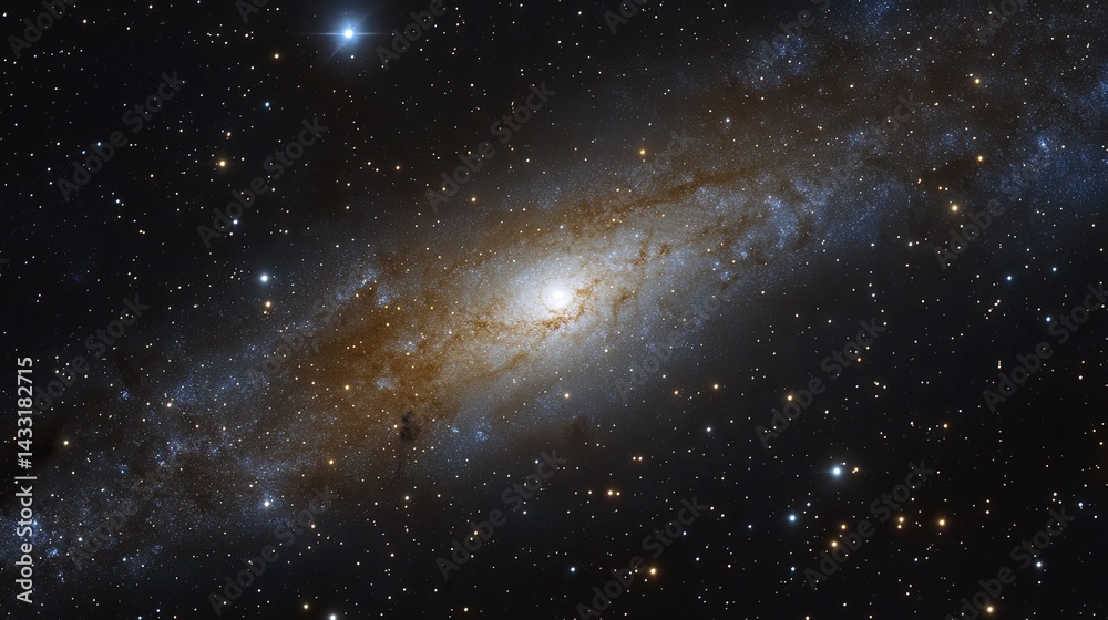 Fototapeta premium Spiral Galaxy in Deep Space with Golden and Blue Hues