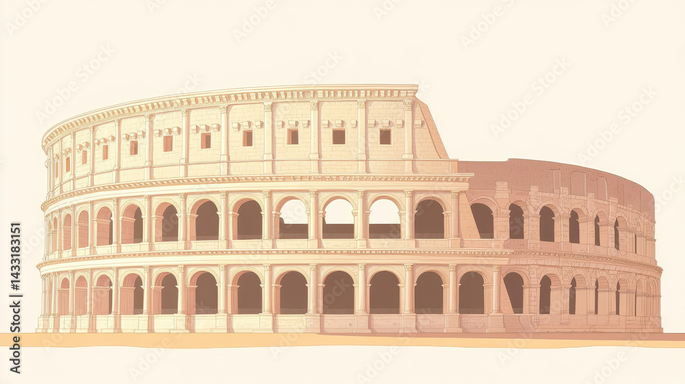 Naklejka premium Detailed illustration of the ancient Roman amphitheater with multiple arches showcasing historical architecture and iconic structure design in a side view