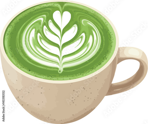 Matcha Latte Cup with Latte Art in Beige Ceramic Mug Vector Illustration 