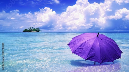 A lovely violet umbrella is seen, with a small tropical island in the far background.
 