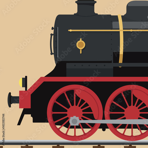 Vintage Steam Train Locomotive Front Section with Red Wheels Vector Illustration 