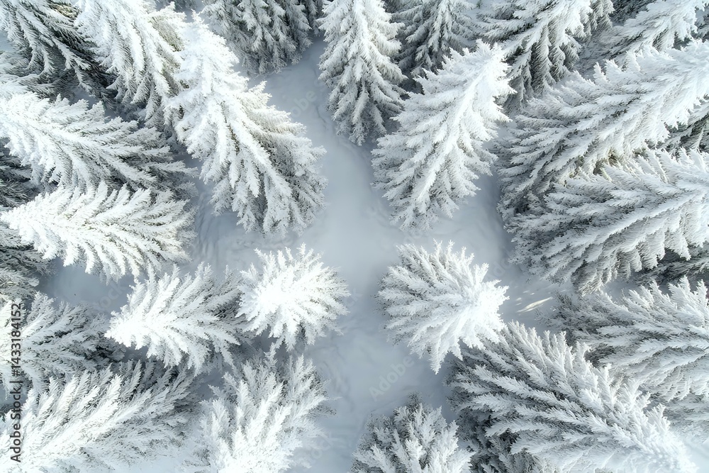 Snow-covered pine trees viewed from above creating symmetrical pattern in winter forest landscape with white frost and misty atmosphere. Snow-covered pine trees viewed from above creating symmetrical pattern in winter forest landscape with white frost and misty atmosphere.