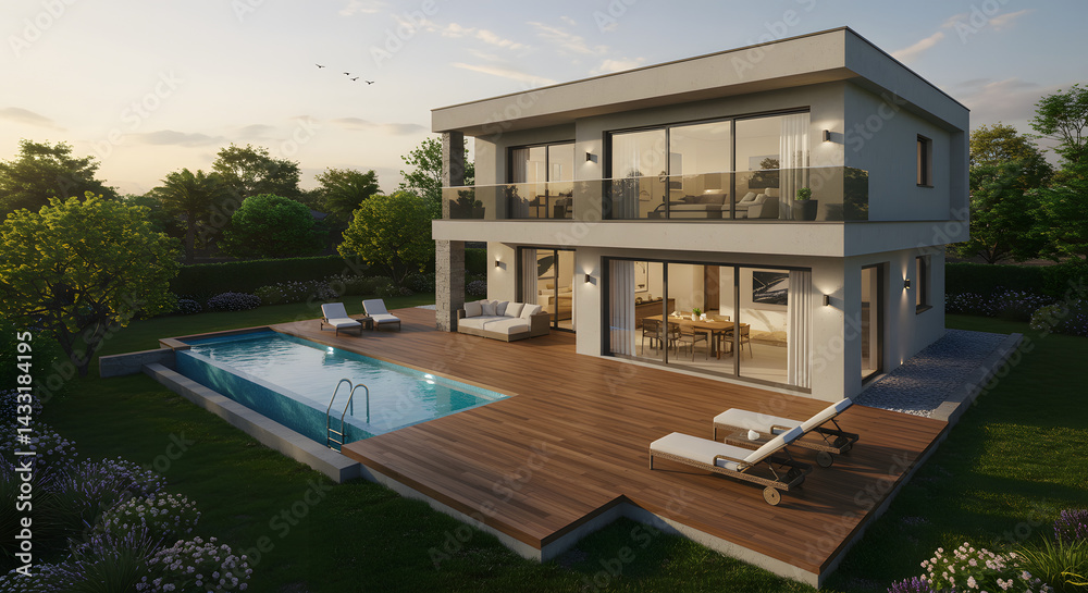 Obraz premium Modern Two-Story House with Pool: Evening Serenity Architectural Design