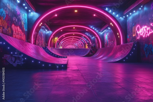 Neon Skatepark Tunnel, Graffiti Walls, Night