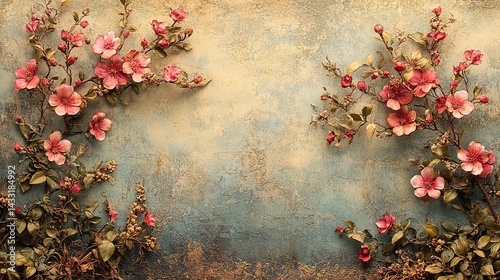 Textured Floral Branches with Pink Blossoms Against a Rustic Bac