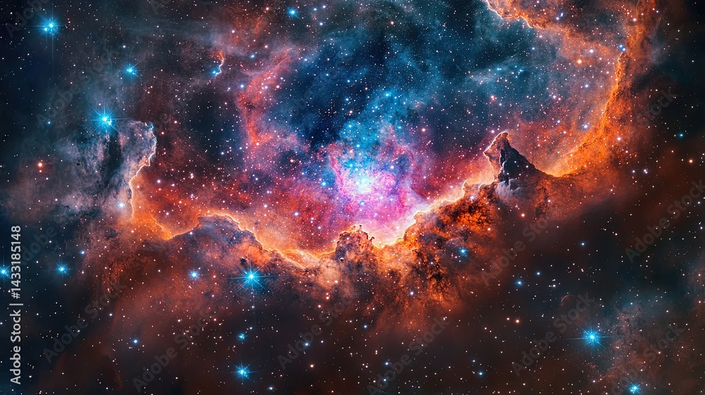 Fototapeta premium Vibrant Nebula with Red Orange and Blue Hues in Deep Space