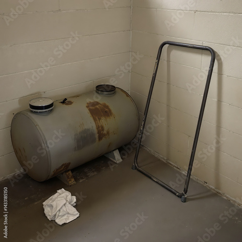 rusty metal tank and dark metal frame in a room with cinderblock walls